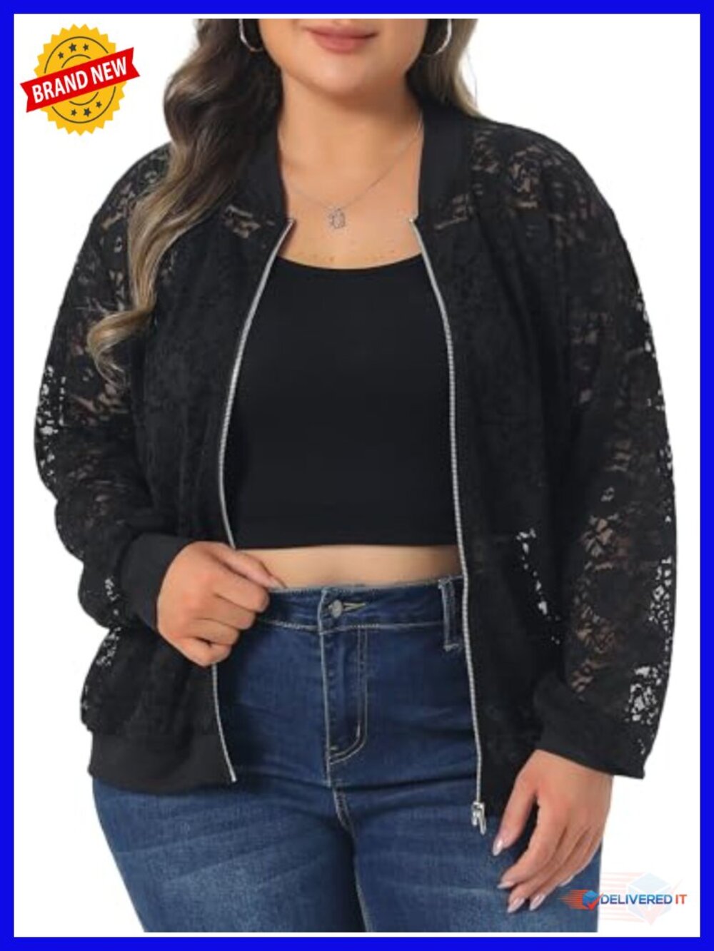 Sheer Floral Lace Zip Up Long Sleeve Lightweight Baseball Jacket Plus Size